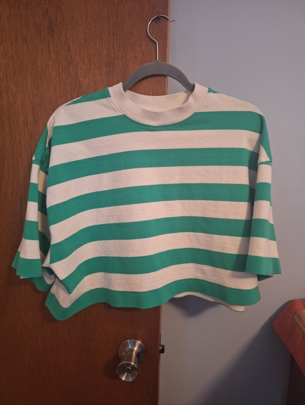 COS Women's Striped Green and White Boxy Cropped Top Women's Size L
